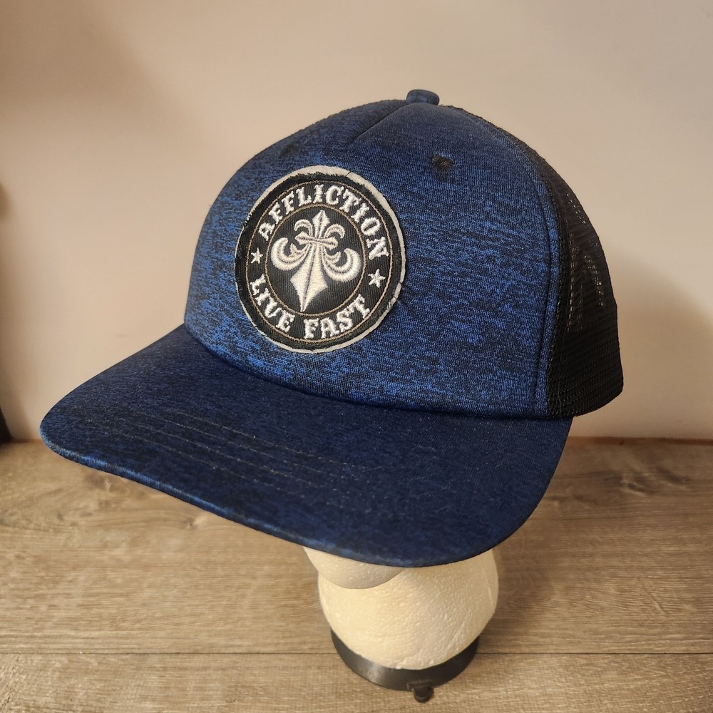 Affliction Live Fast Blue Black Sewn Logo Trucker Adjustable‎ Hat Cap One Size
